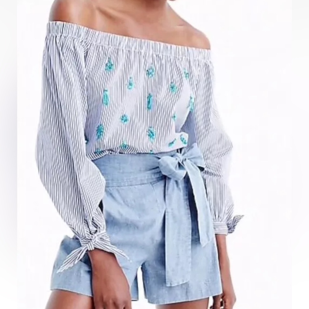 J. Crew Blue White Striped Off Shoulder Turquoise Embellished Blouse 10T Tall